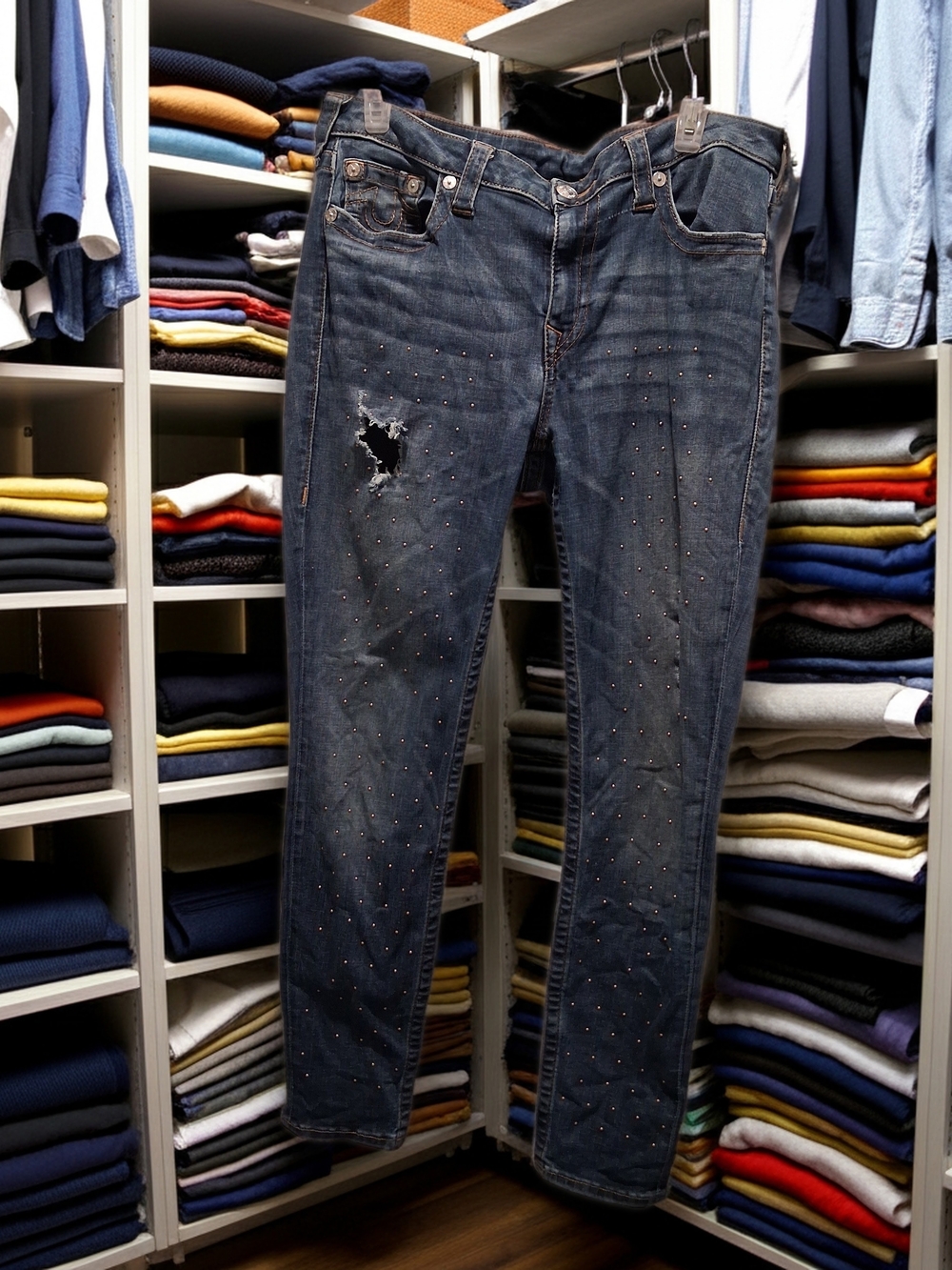 True Religion Women's Skinny Jeans in Dark Blue with Stud Detailing .WAIST 33